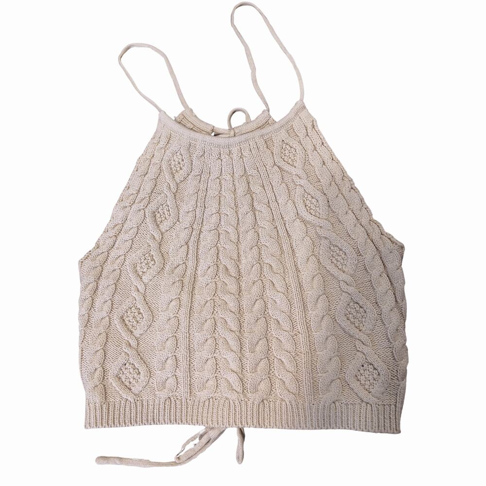 PAPERMOON NWT Crop Top Women's Sz Medium Beige Rib Knit Open Back Top - Picture 2 of 6